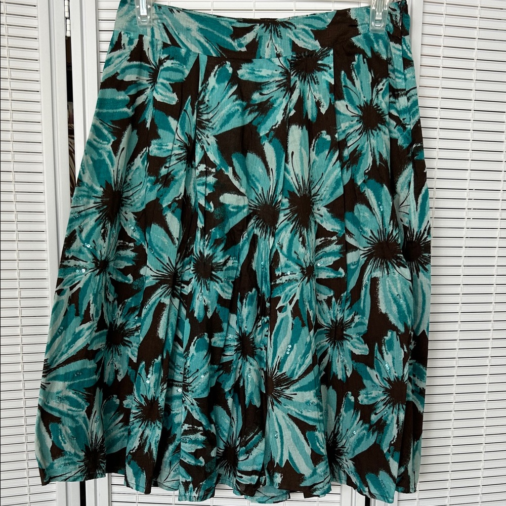 Apt. 9 Teal and Black Floral A-Line Skirt